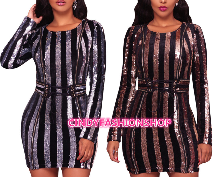 Women Elegant Vertical Sequin Slim O-Neck Long sleeve Lace Up Party Mini Dress