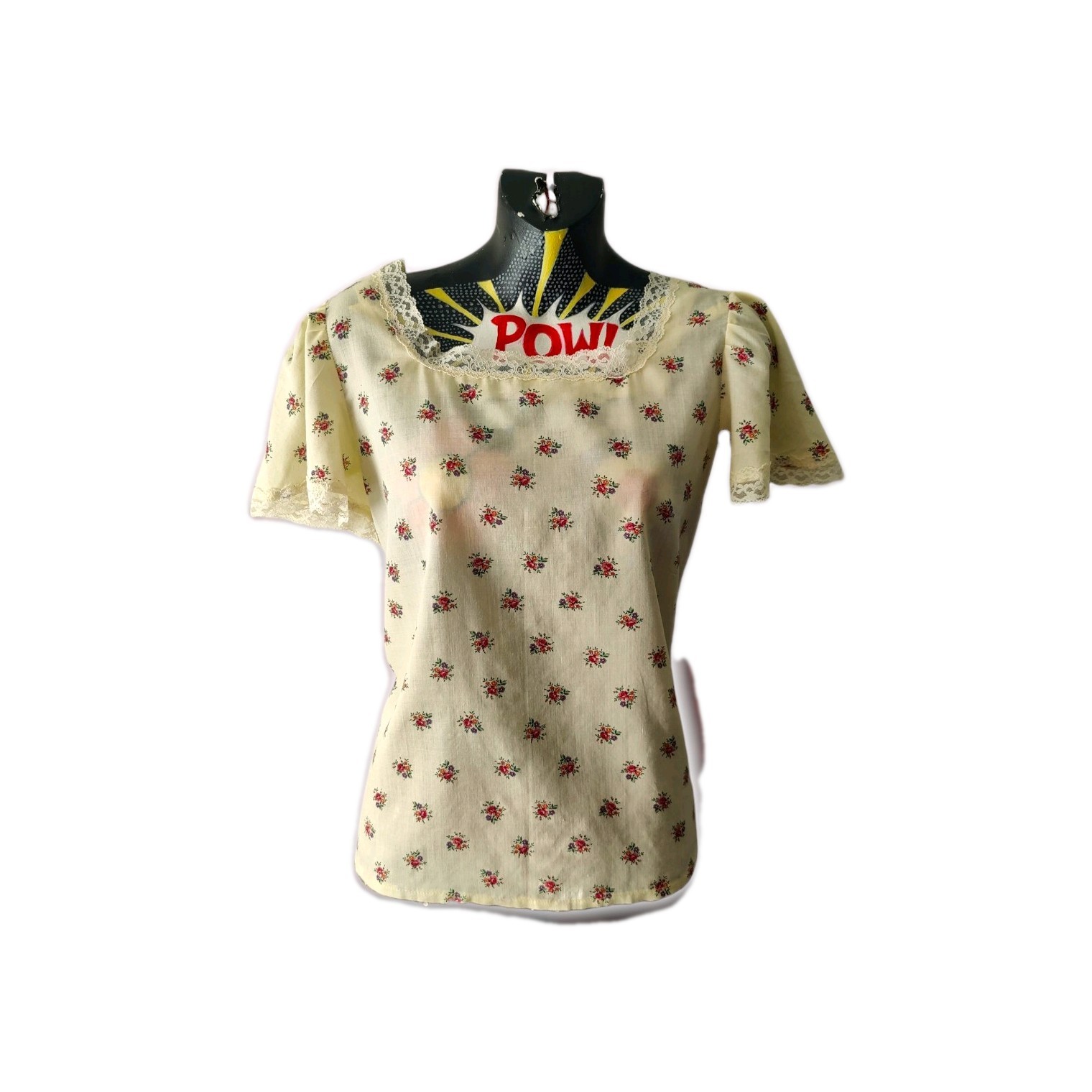 60s Vintage Coquette Dollette Cream Floral Lacy Milkmaid Babydoll Top Size M/L
