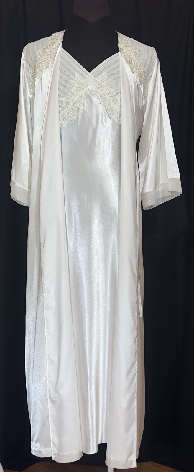 Vtg Parisian Intimates Liquid Satin Bridal Peignoir Robe Nightgown Set White – L