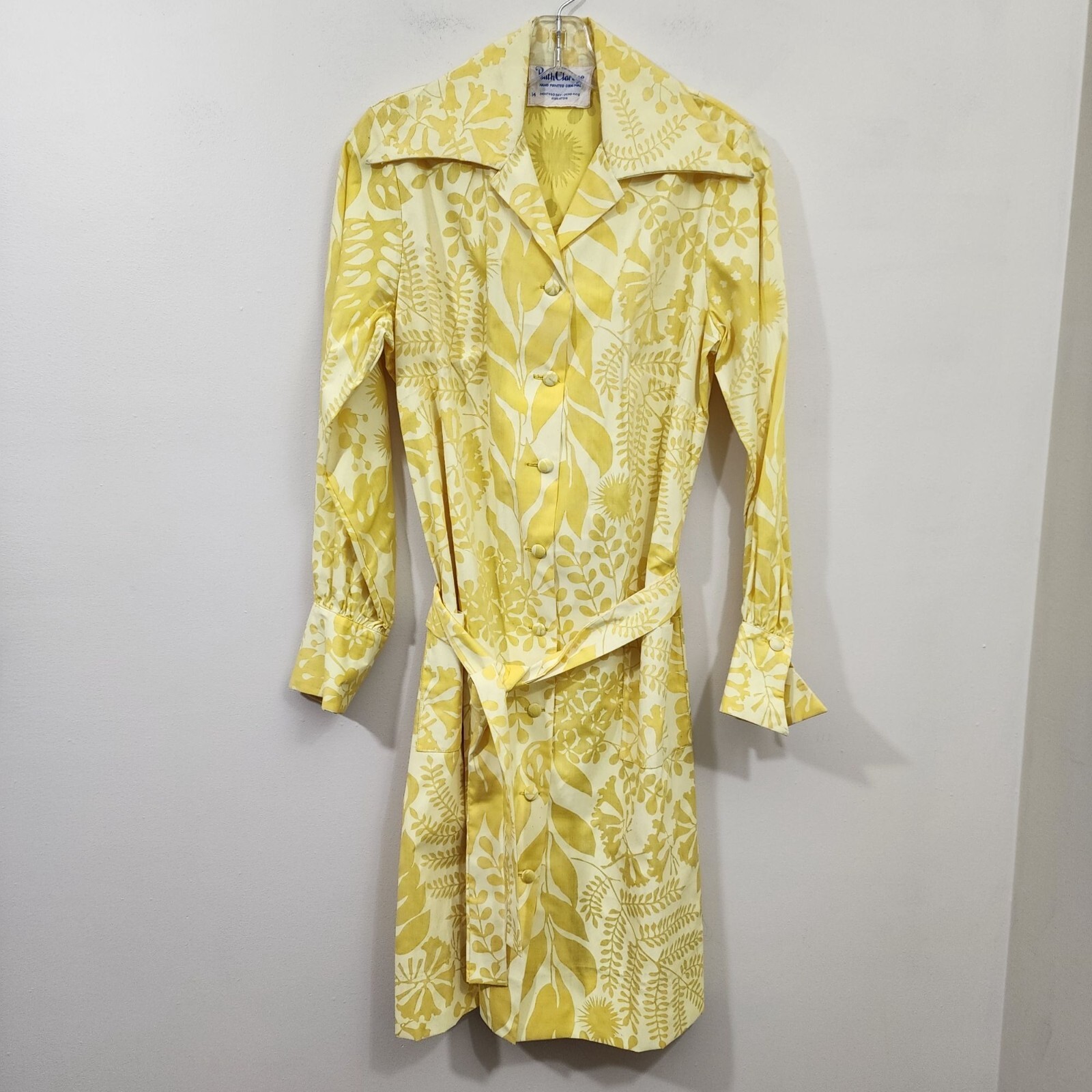 Ruth Clarage 1960s Vintage hand painted yellow floral long sleeve belted dress