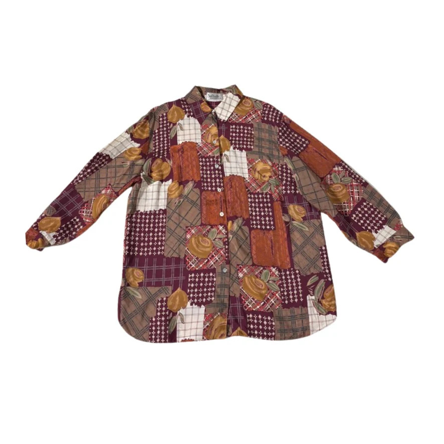 Patchwork Print Shirt Blouse Burgundy Multi Size 16 – Vintage