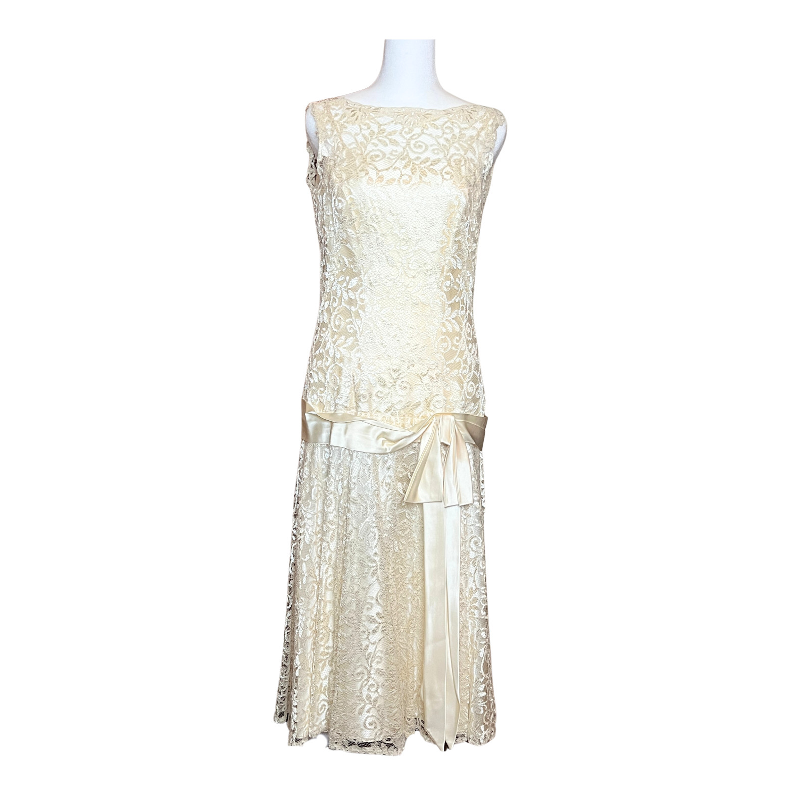 Vtg 70s Maxi Dress Champagne Gold Lace Drop Waist Formal Bridal Regency Royal