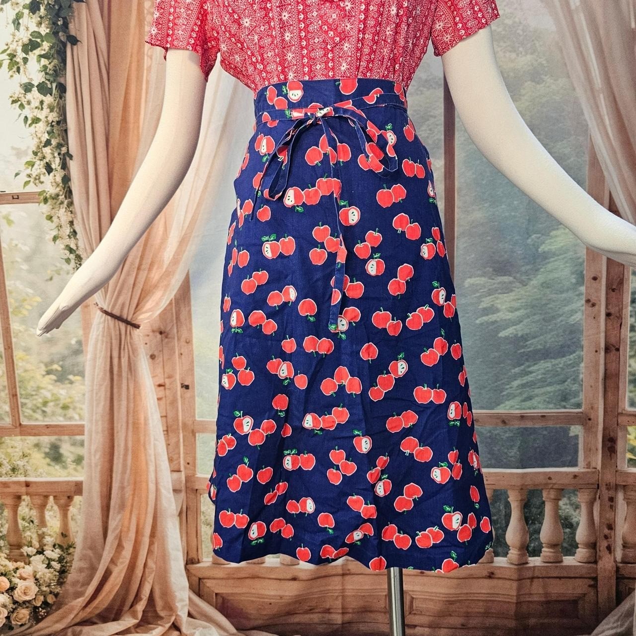 Vintage 1970s Wrap Skirt Navy Blue Red Apple Print Tie Closure Magic Union Label