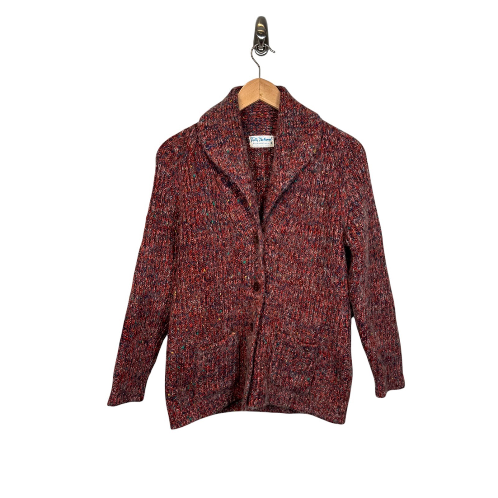 Vintage 100% Rabbit Hair Cardigan Sweater Chunky Knit Tweed Aran Maroon Red