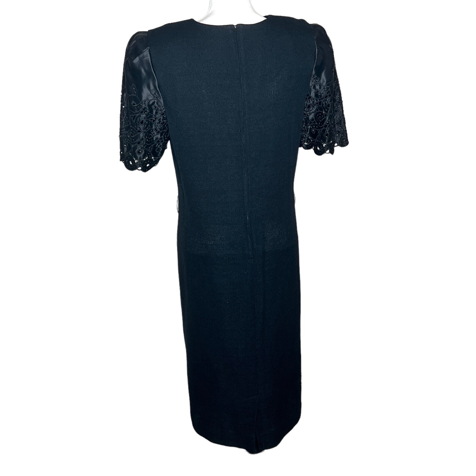 Vintage Leslie Fay Black Knit Sheath Dress Puff Sleeves Union Made Size 12/14?