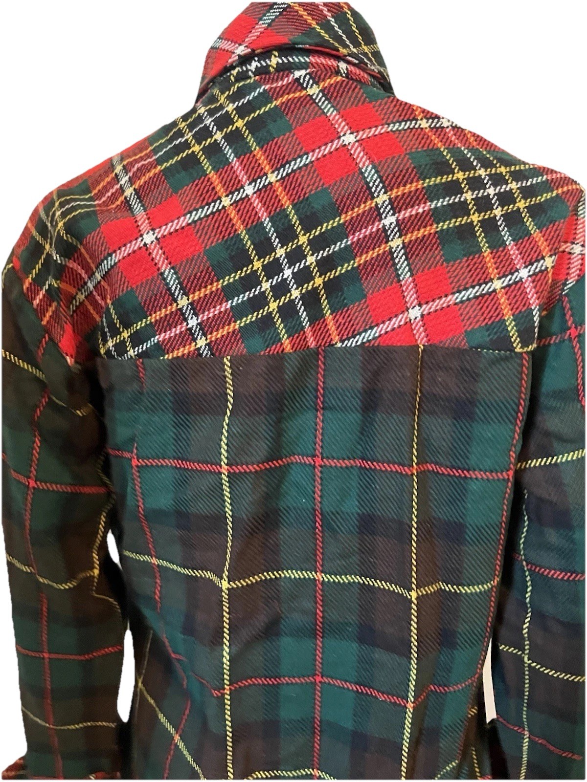 Vintage 1970s Green/Red Tartan Plaid Wool Blouse Women’s L Wide Collar Pockets