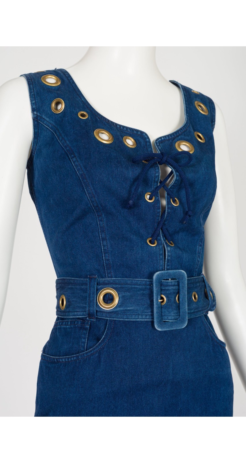 Moschino 1990s Blue Denim Grommet Lace-Up Vintage Sleeveless Dress