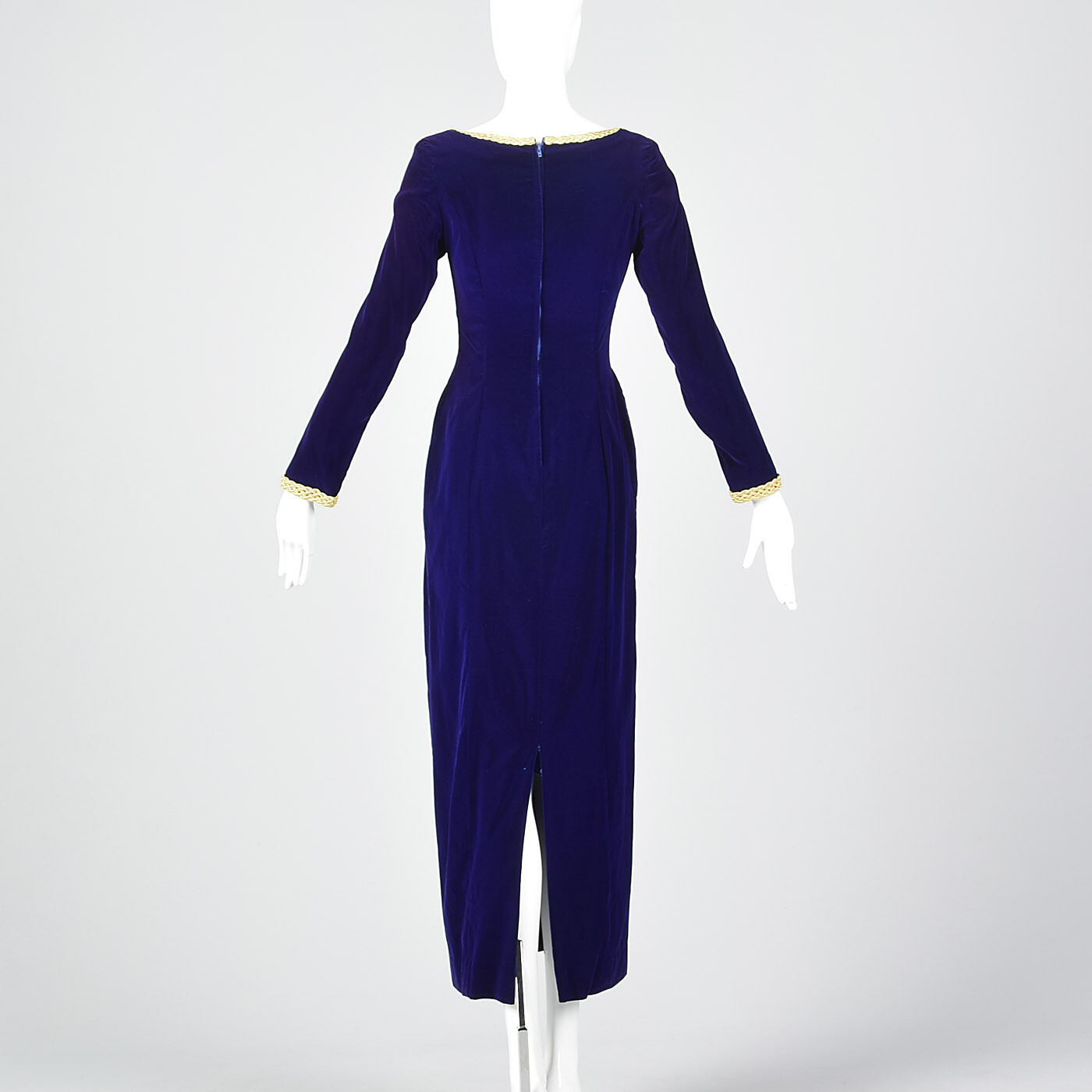XS 1970s Purple Velvet Maxi Dress Gold Trim Long Evening Dress Holiday Party 70s
