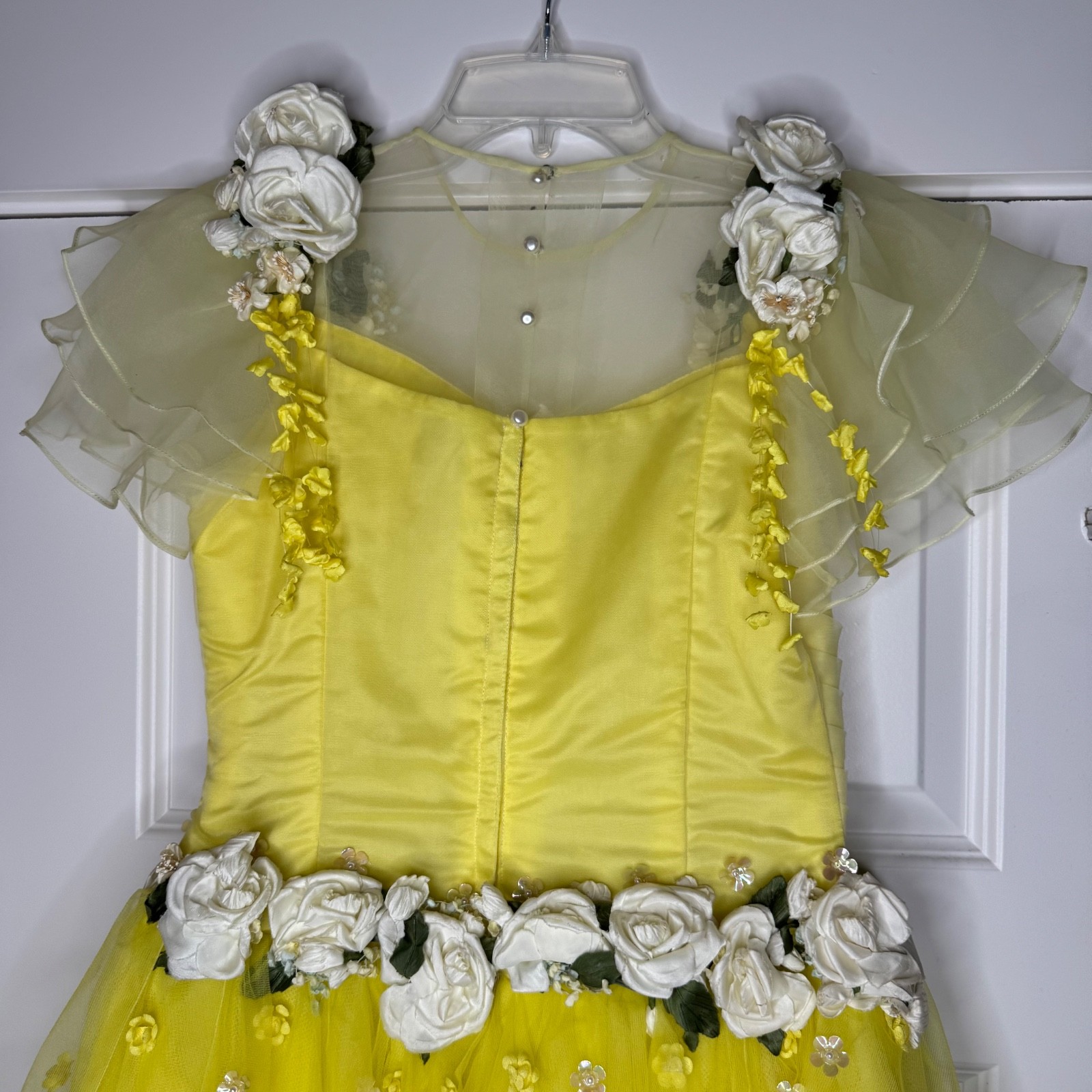 VTG 50s Tulle Gown Prom Dress Yellow Cupcake Illusion Neckline Cotillion XS