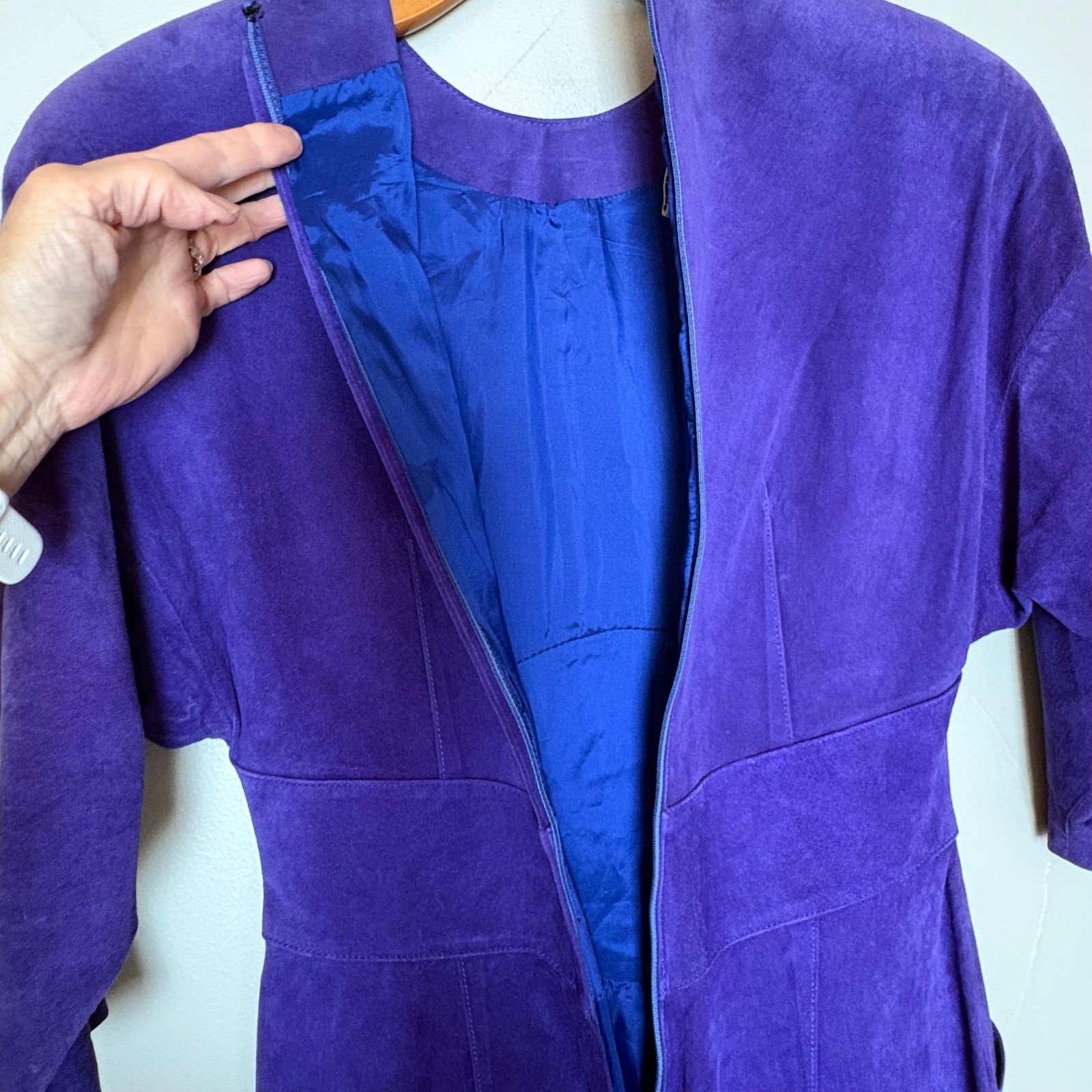 Pia Rucci Vintage 80s Purple Suede Leather Midi Dress 3/4 Sleeve Pockets Women 4