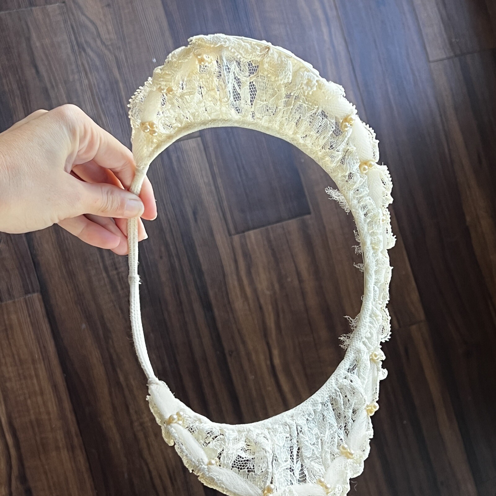Vintage 1940s Ecru Lace + Pearl Bridal Halo Art Deco Headpiece Crescent Crown