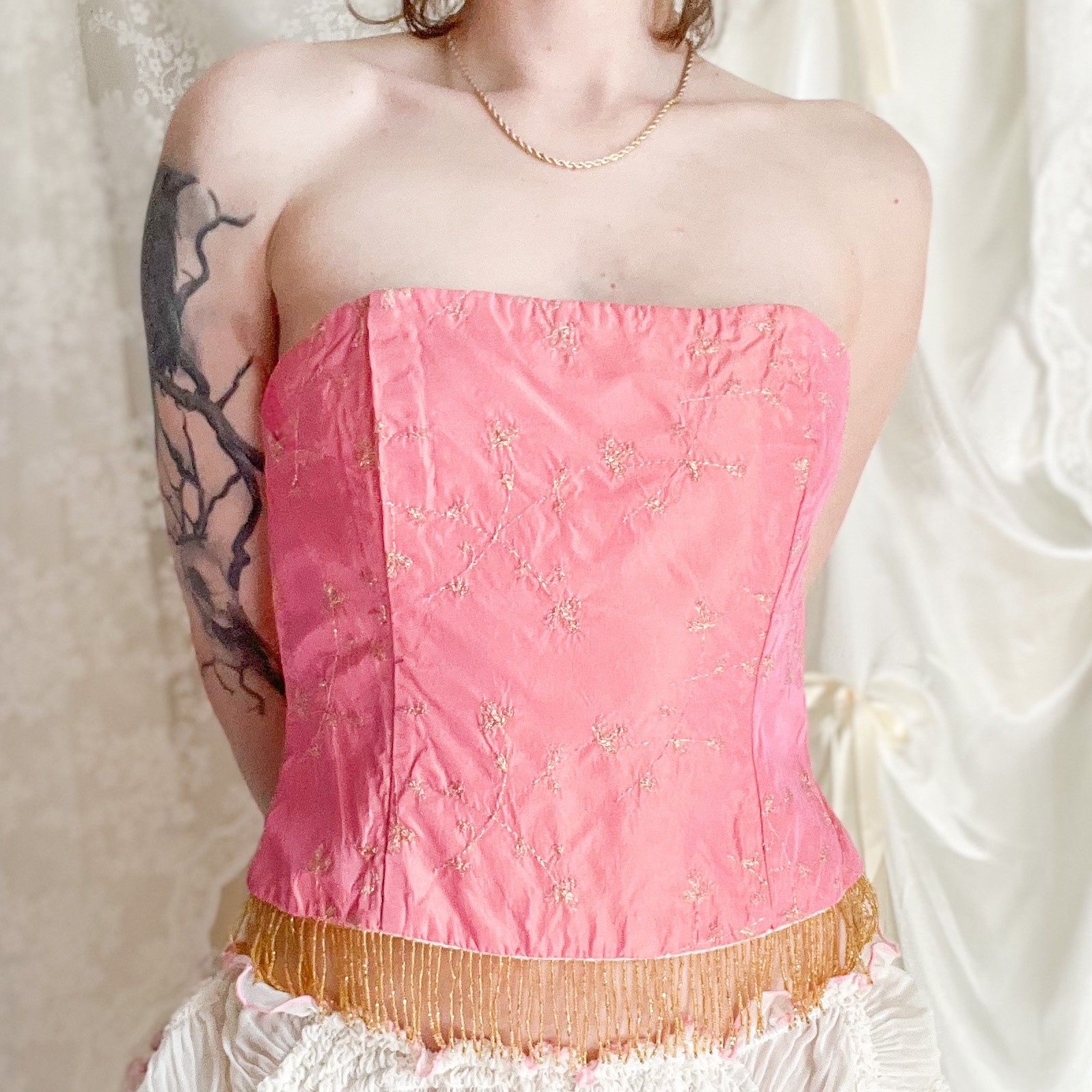 Gunne Sax Millennium Pink Beaded Fringe Corset Top