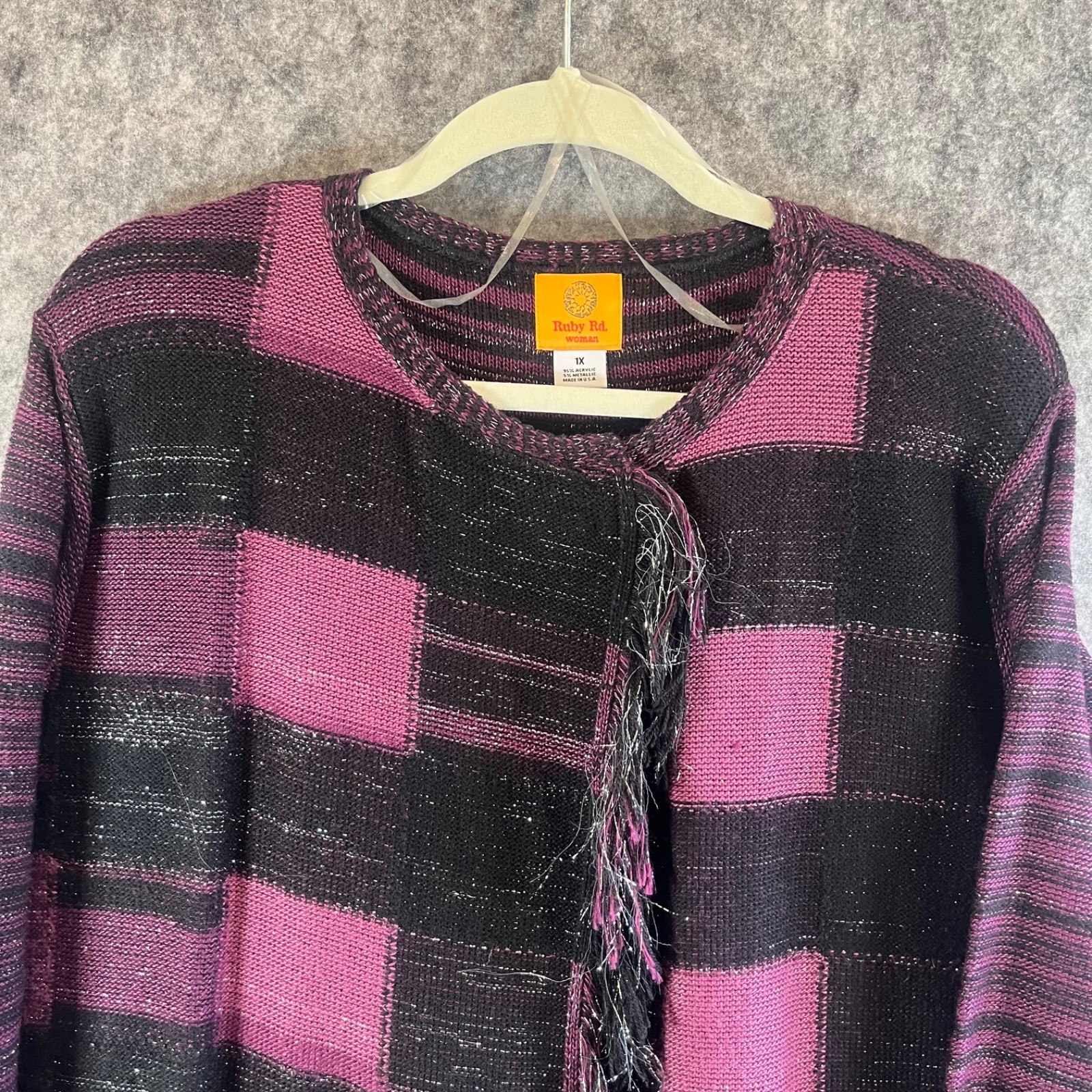 Ruby Rd. Womans Cardigan Jacket Open Frade Sz 1X Black Purple Pink