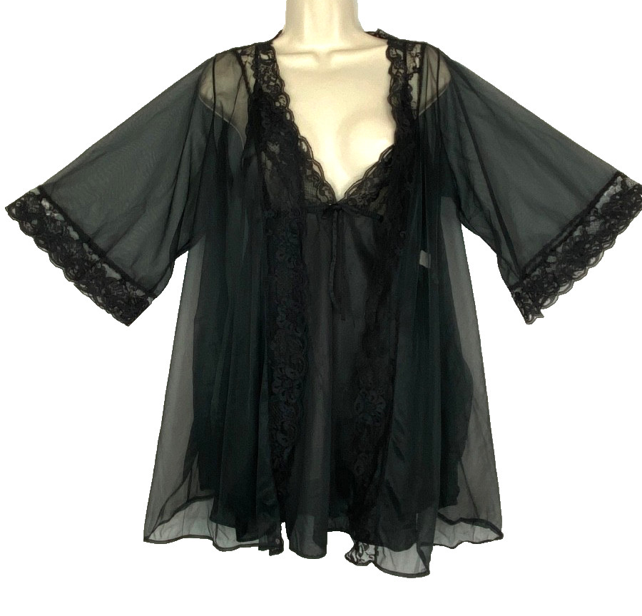 Vintage 1960s black peignoir set L nightie mini dress robe lingerie PANDORA
