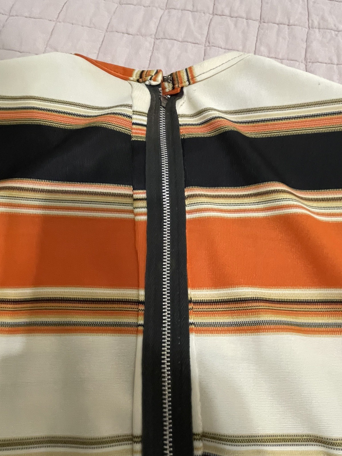 Hand Sewn Vtg 70s Midi Dress Orange Brown Yellow Sm/6 Long Sleeve Back Zipper **