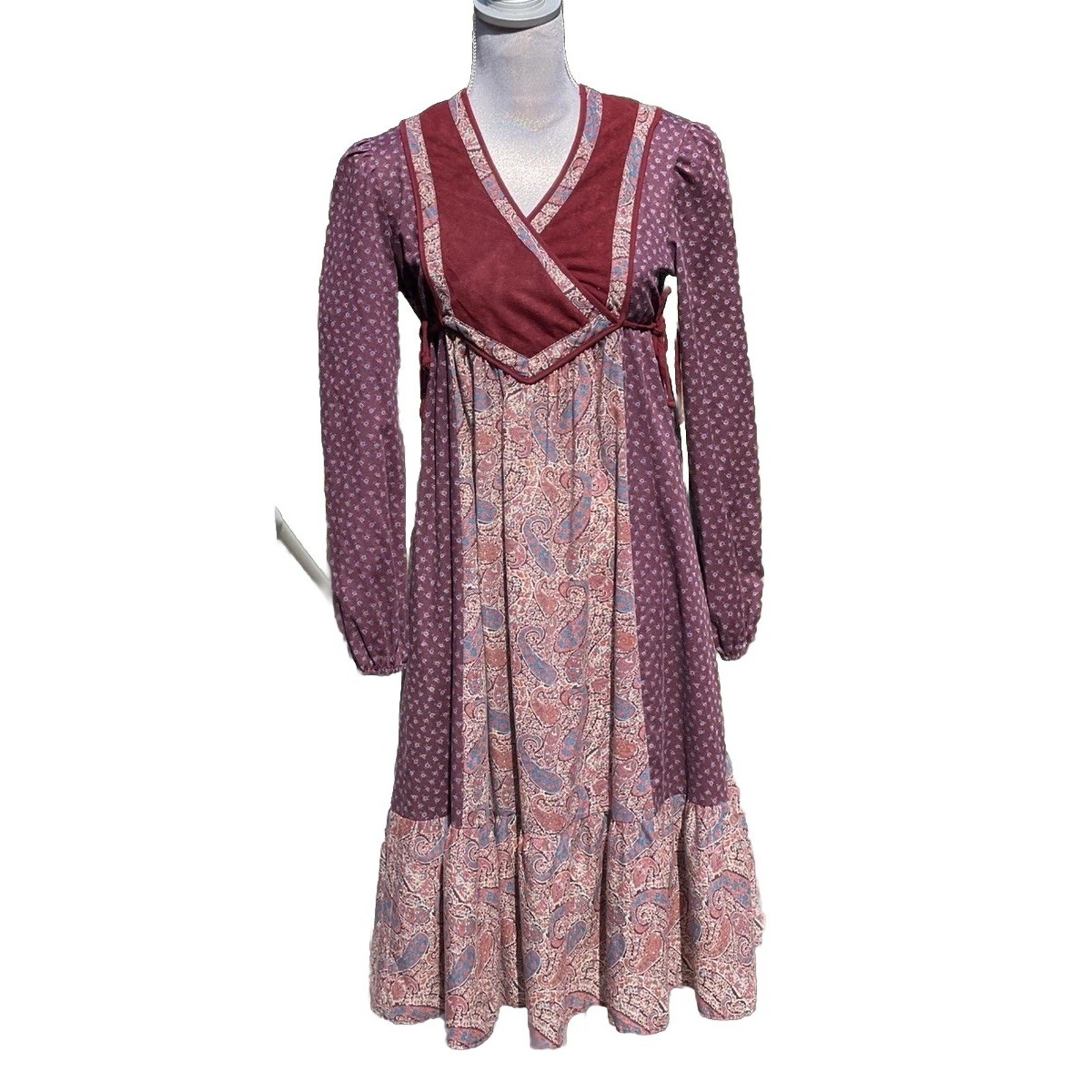Vintage 70s Maroon Mixed Print Midi Dress Velveteen Corset Prairie Size 7 Jrs XS
