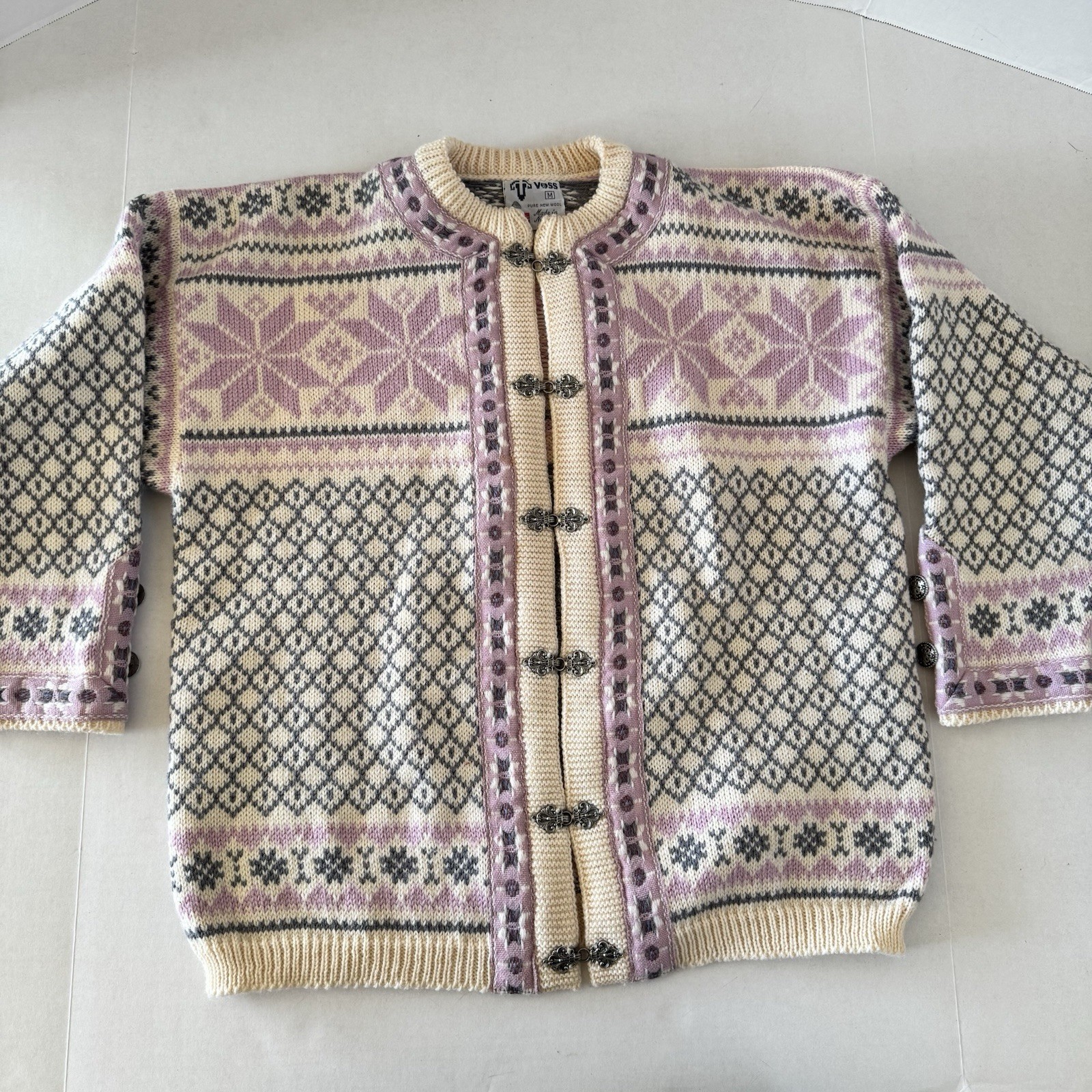 VTG Voss Wool Nordic Cardigan Sweater Fair Isle Clasp Cream Pink Grey Medium