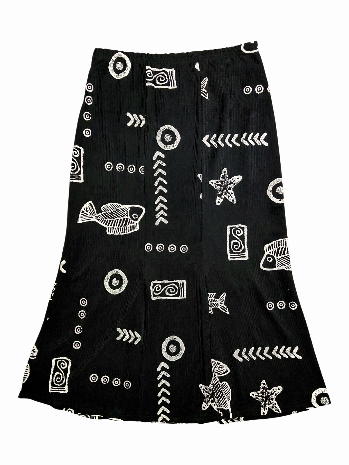 Vintage 90s Seung Lee Crinkle Skirt S Black Batik Tribal Fish Print USA Cotton