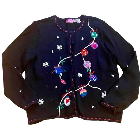 Vtg. CHRISTMAS SWEATER by PAPPAGALLO „L” ornaments in fun colors& snowflakes