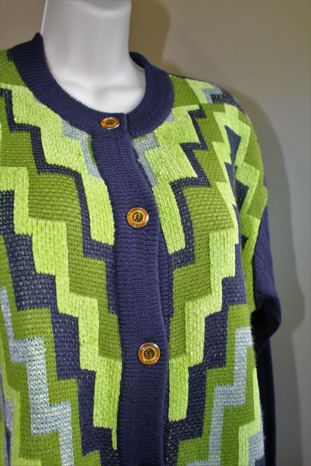 M Vintage 60s d. 1920s Camela Cardigan Art Deco Navy Green Wool Blend Sweater