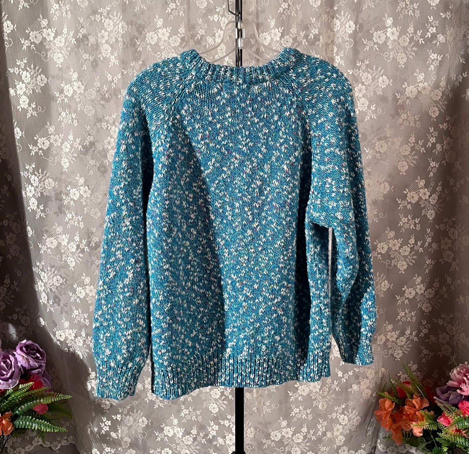 Vintage 80s Turquoise Sweater Size XL 1980s Retro Wool Blend New Wave Vibrant