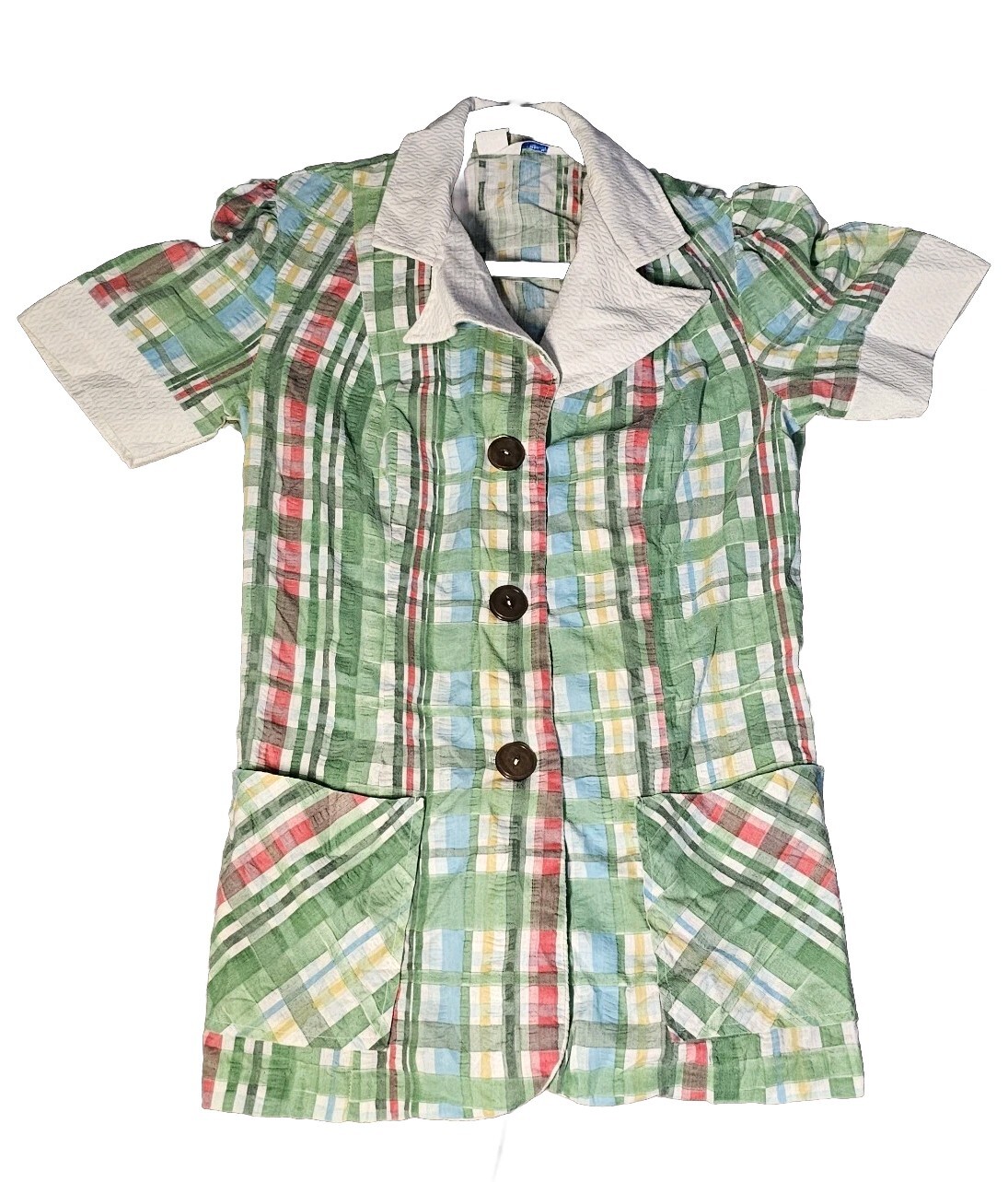 VTG Sears Fashions Shortsleeve Blouse Plaid Pastel Green Collared Cotton 70s 14