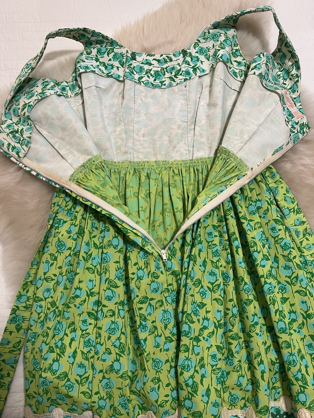 Vintage 1960s Lilly Pulitzer Dress Blue & Green Florals Rickrack Trim Tie Back