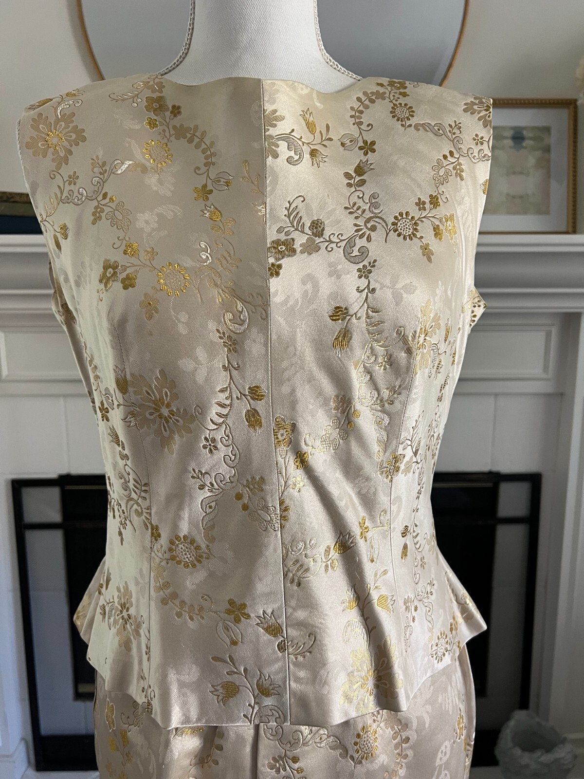 VTG Gold Metallic 2 Piece Satin Floral Brocade 60’s Evening Skirt and Top Sz M