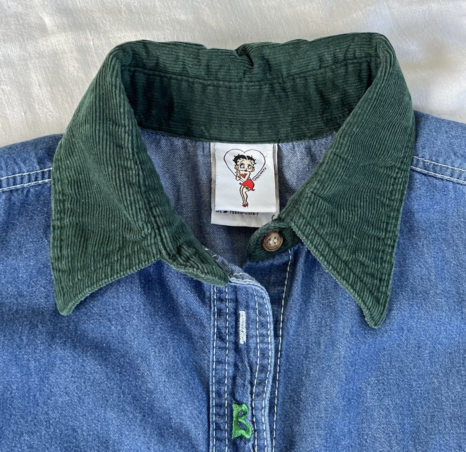 Vintage Betty Boop Embroidered Denim Button-Up Long Sleeve Shirt L Womens 1990’s