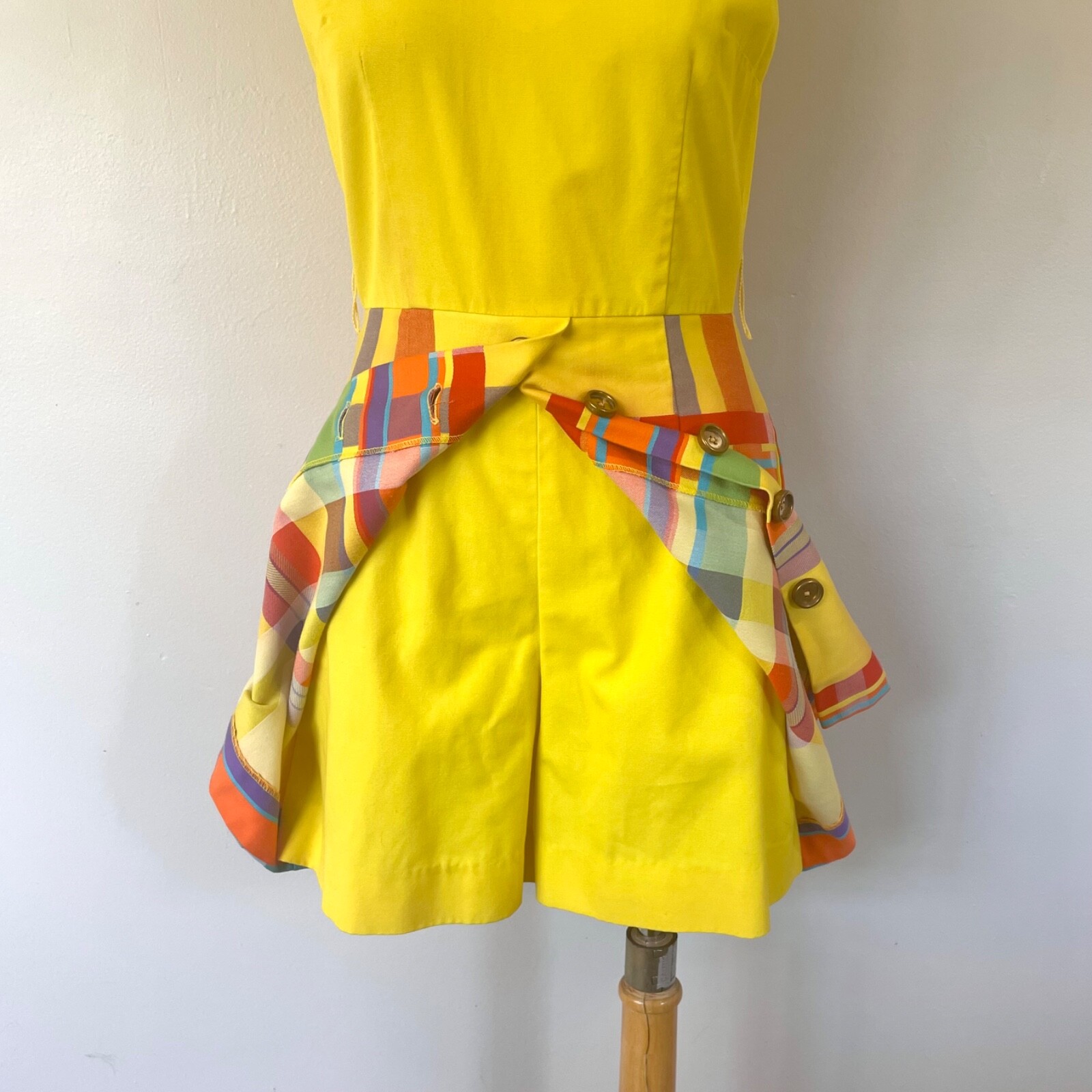 Vintage 60s Elizabeth Stewart Dress Culotte Skort Romper Yellow Plaid Size S/M