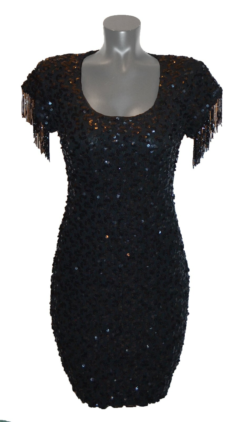 De Laru Vintage 80s Black Sequin Beaded Fringe Party Prom Club Dress sz S