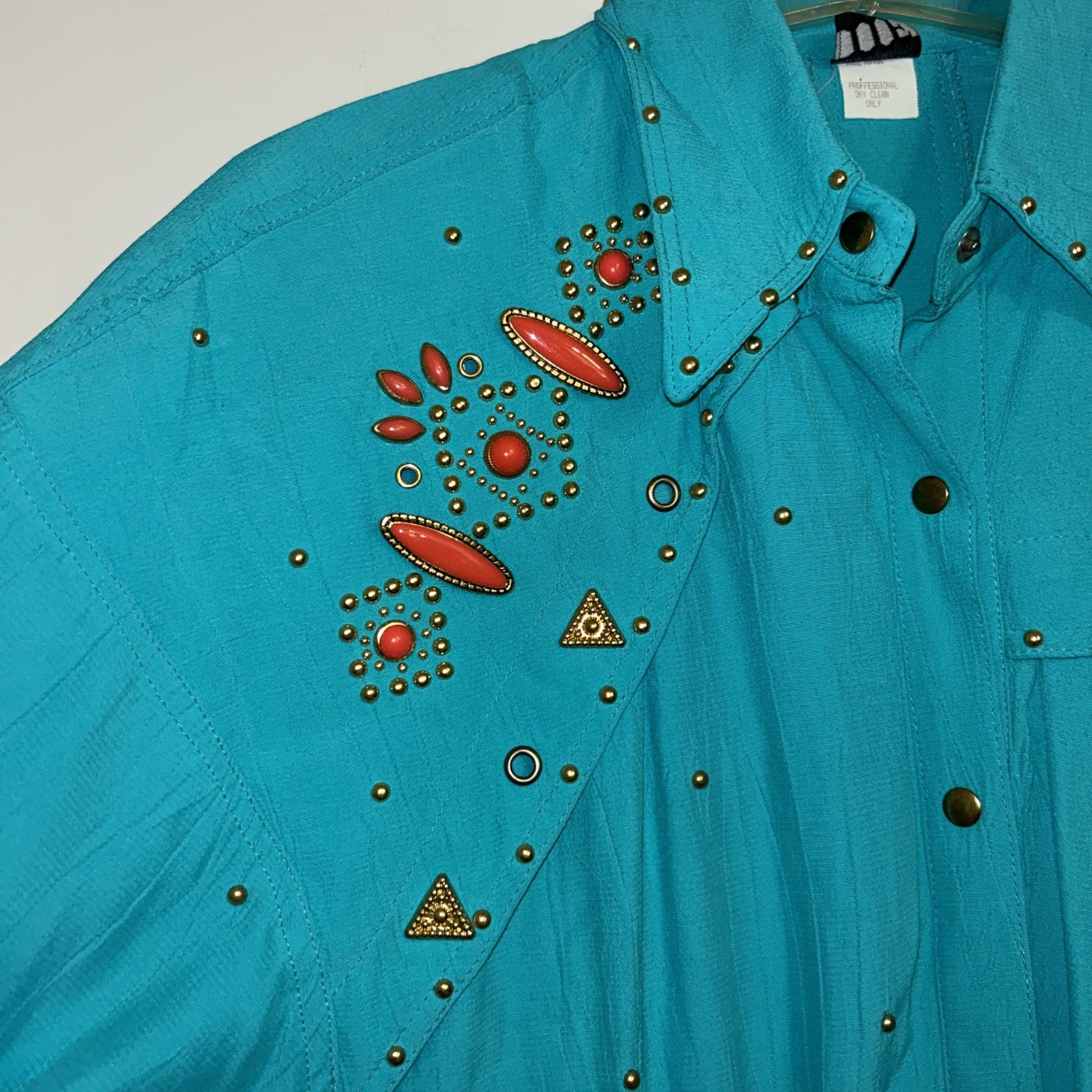 Vtg 80s IIF Teal Blue Shirt Country West Cowgirl Rodeo Rhinestone Snap Front S/M