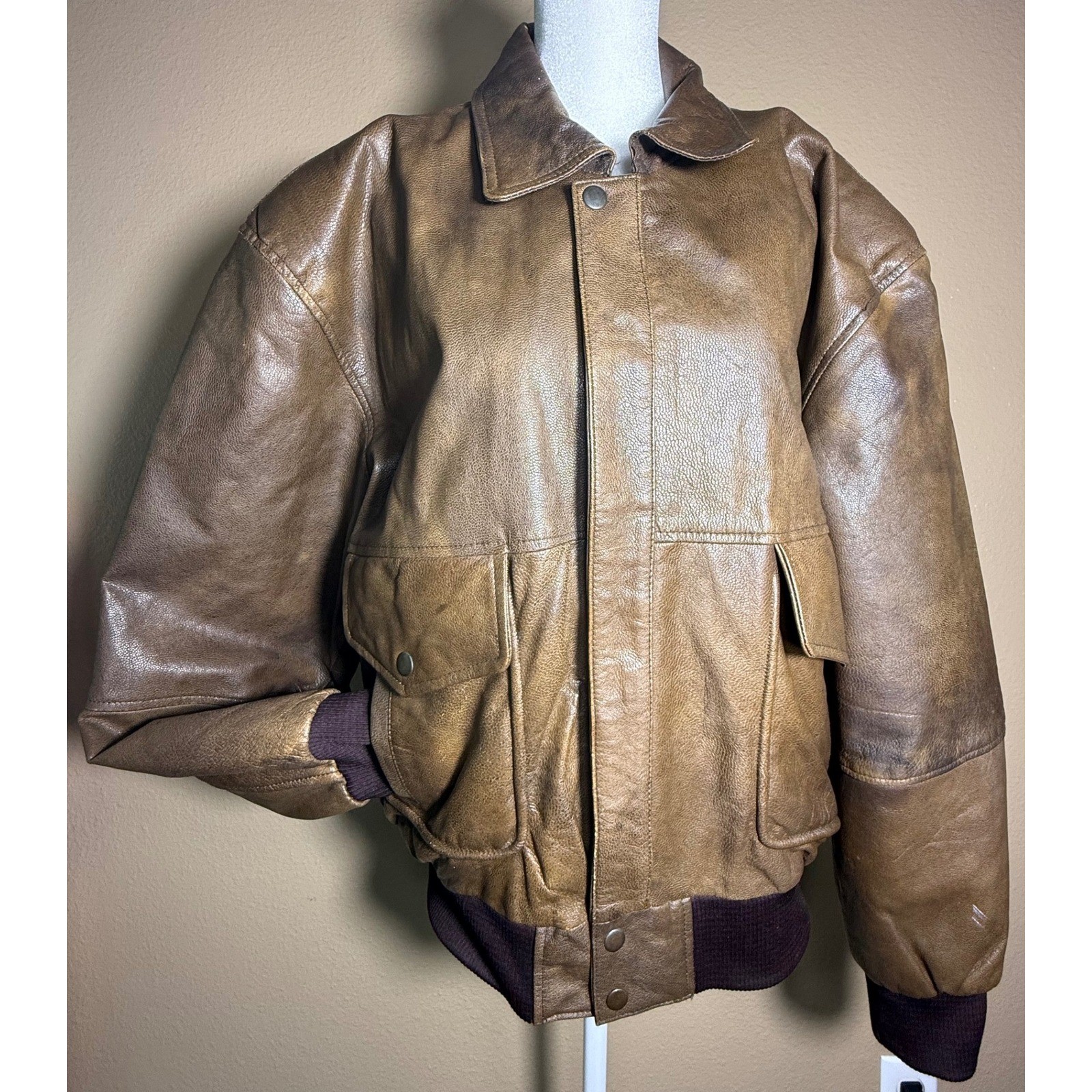 Vintage Distressed Pebbled Leather Bomber Jacket Aviator Flight Moto Coat Medium