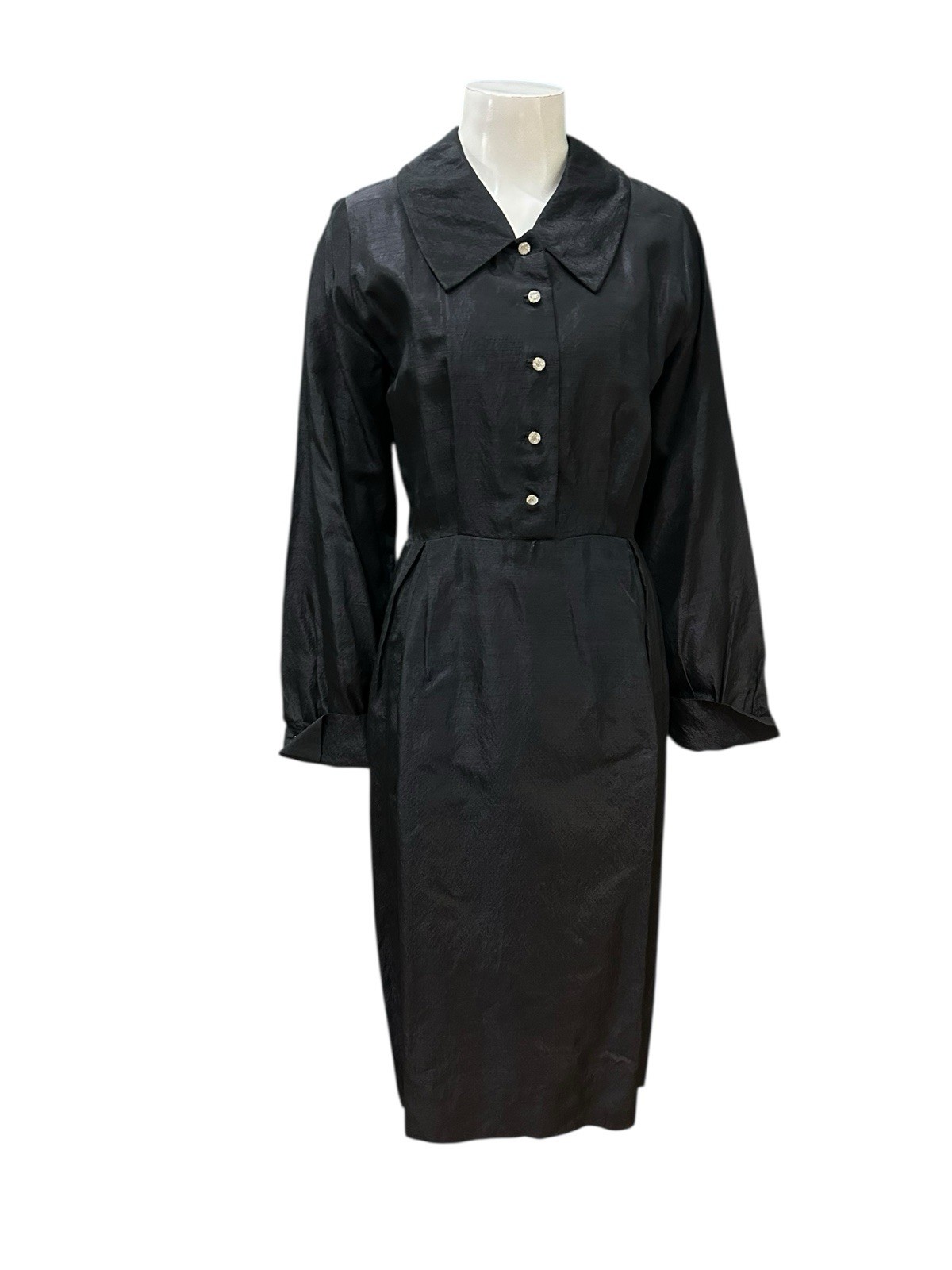 Vintage 40s Black Taffeta Dress Button Front Side Metal Zipper French Cuffs XS S