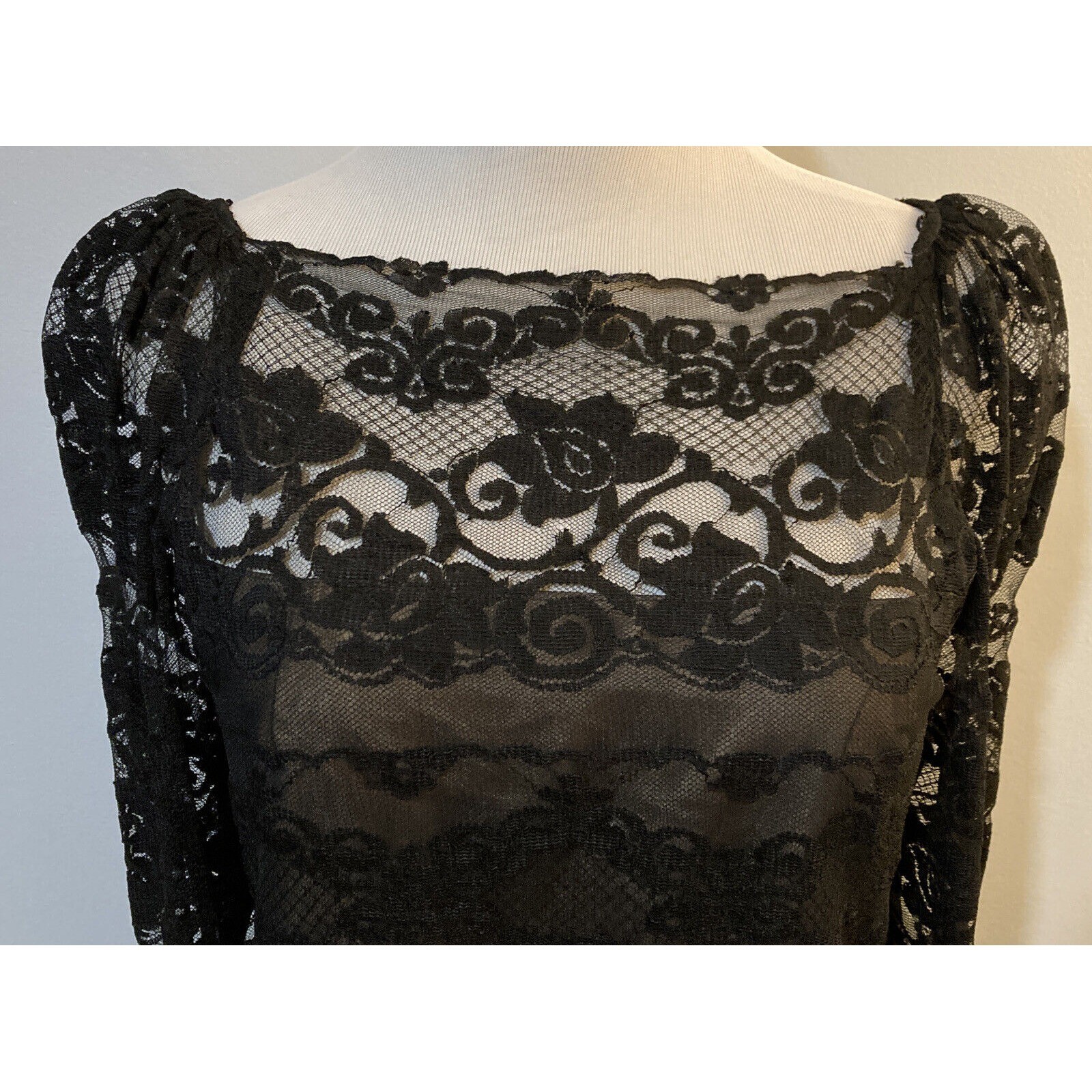 Vintage Anthony Muto Black Lace Dress Union Made in USA 1960s Puff Sleeve Size 8