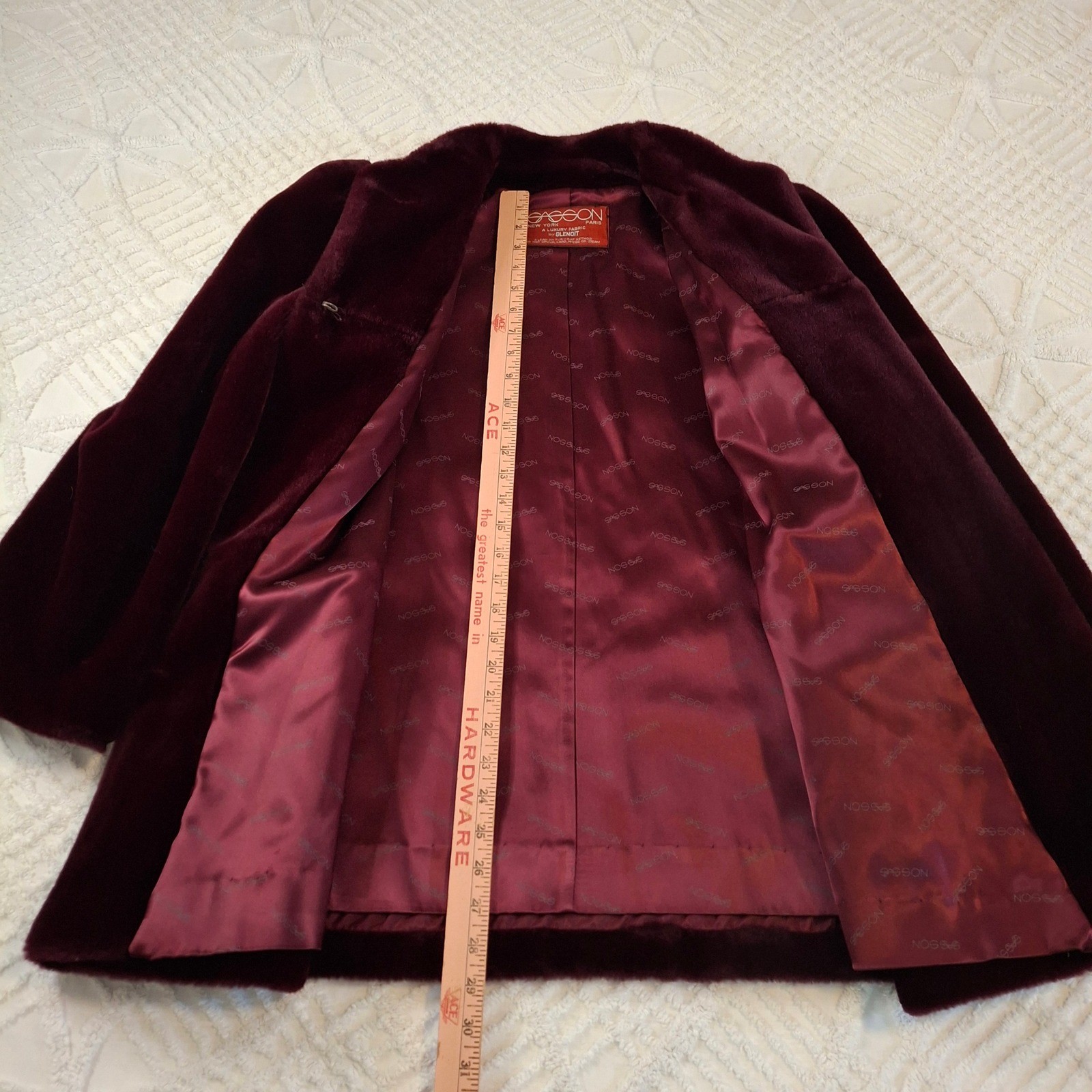 Vintage Sasson Medium Burgundy Faux Fur Coat Glenoit Made in USA Wine Red Glam