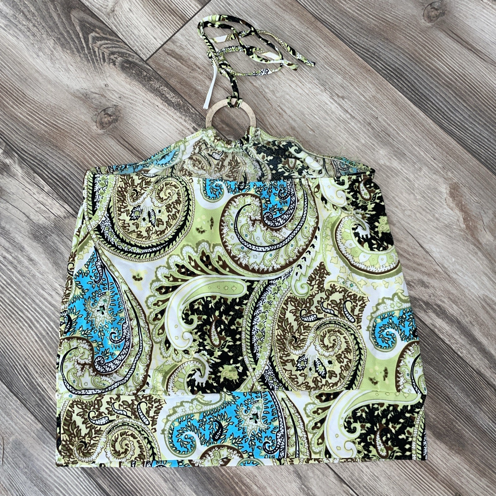 Vintage Y2K Rave Tie Halter Top Sz M Paisley Green