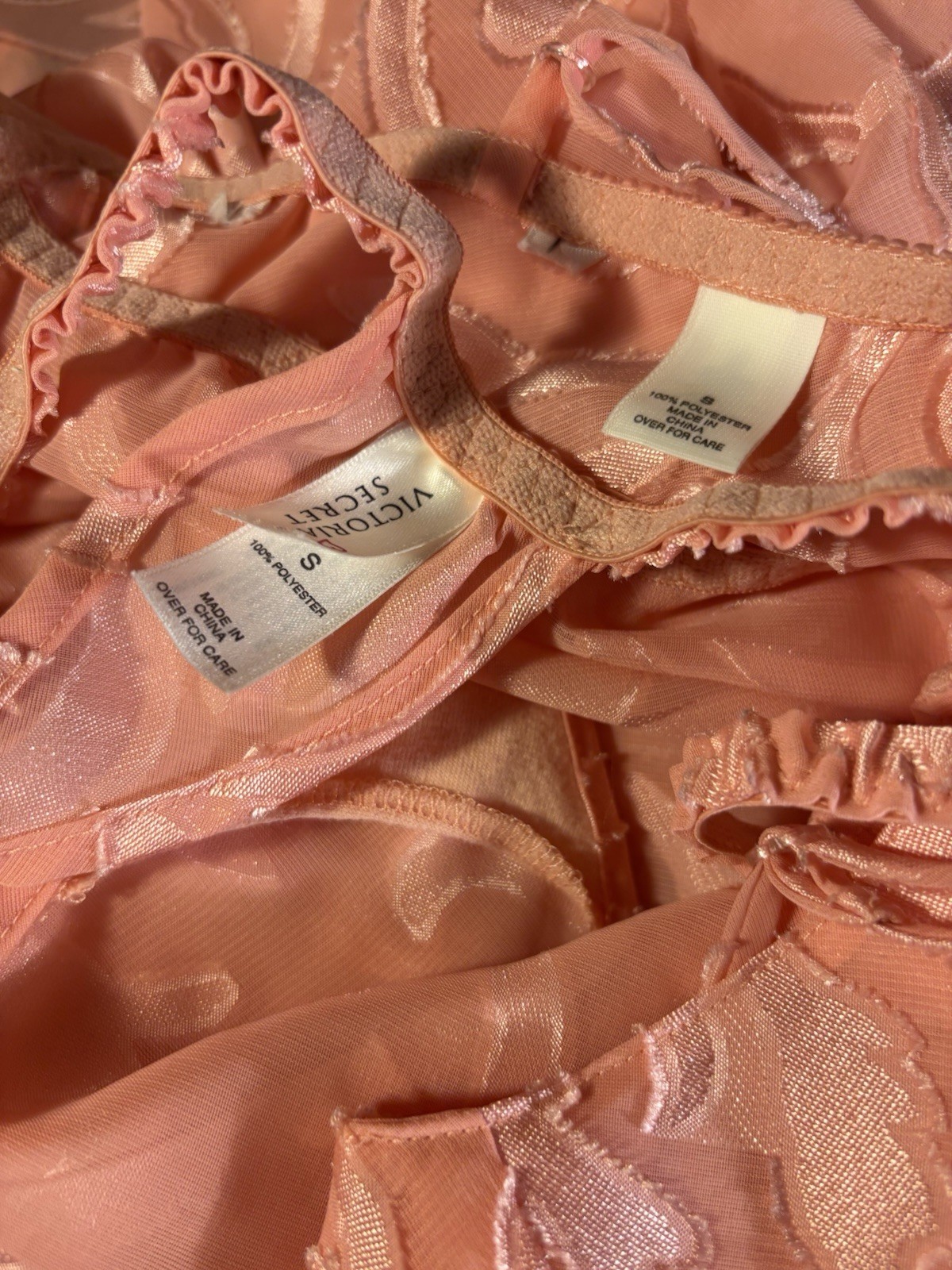 Vtg Satin Soft Burnout Nightie Thong Panties VS Babydoll Damask Sheer Gown Set S