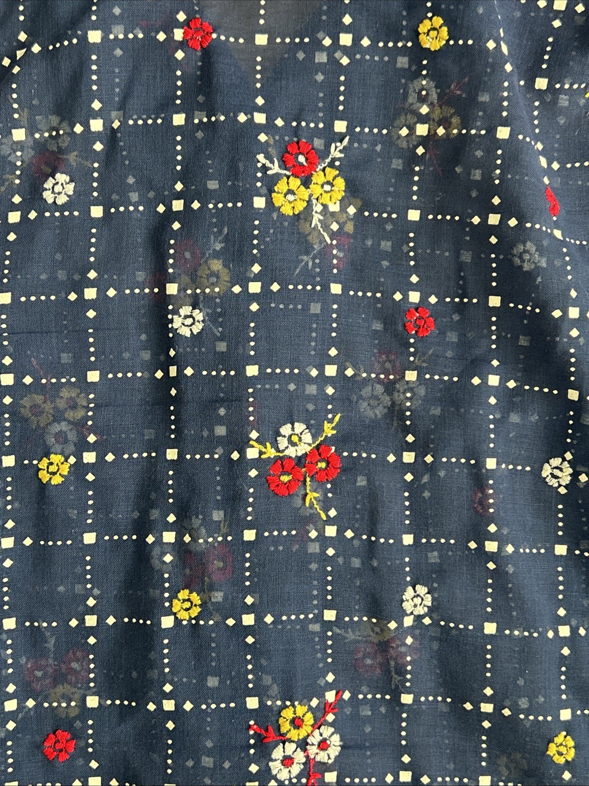Vtg Womens JULIE MILLER California Blouse Hand Embroidered Sheer Shirt Navy Sz6