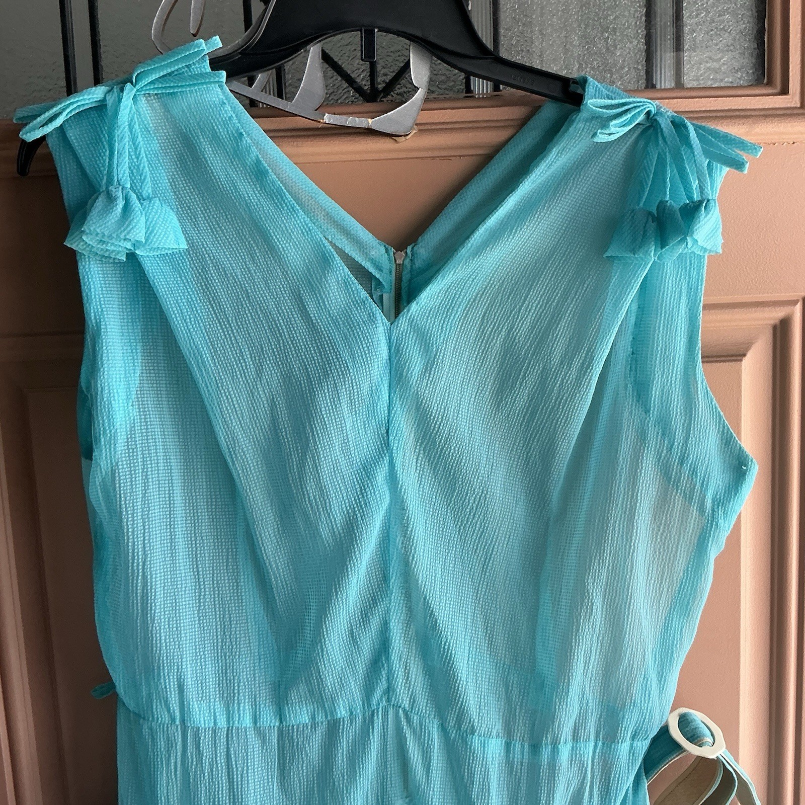 Vintage Handmade Aqua Blue Chiffon Midi Dress Tie Shoulder Belted Boho Women’s M