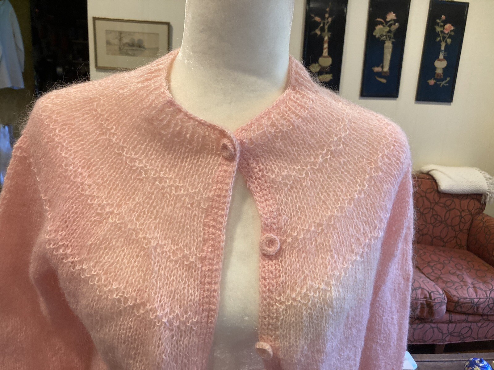 Vintage 1950’s McMullen Import Pink Hand Knit Mohair Blend Cardigan Fab! Sz M