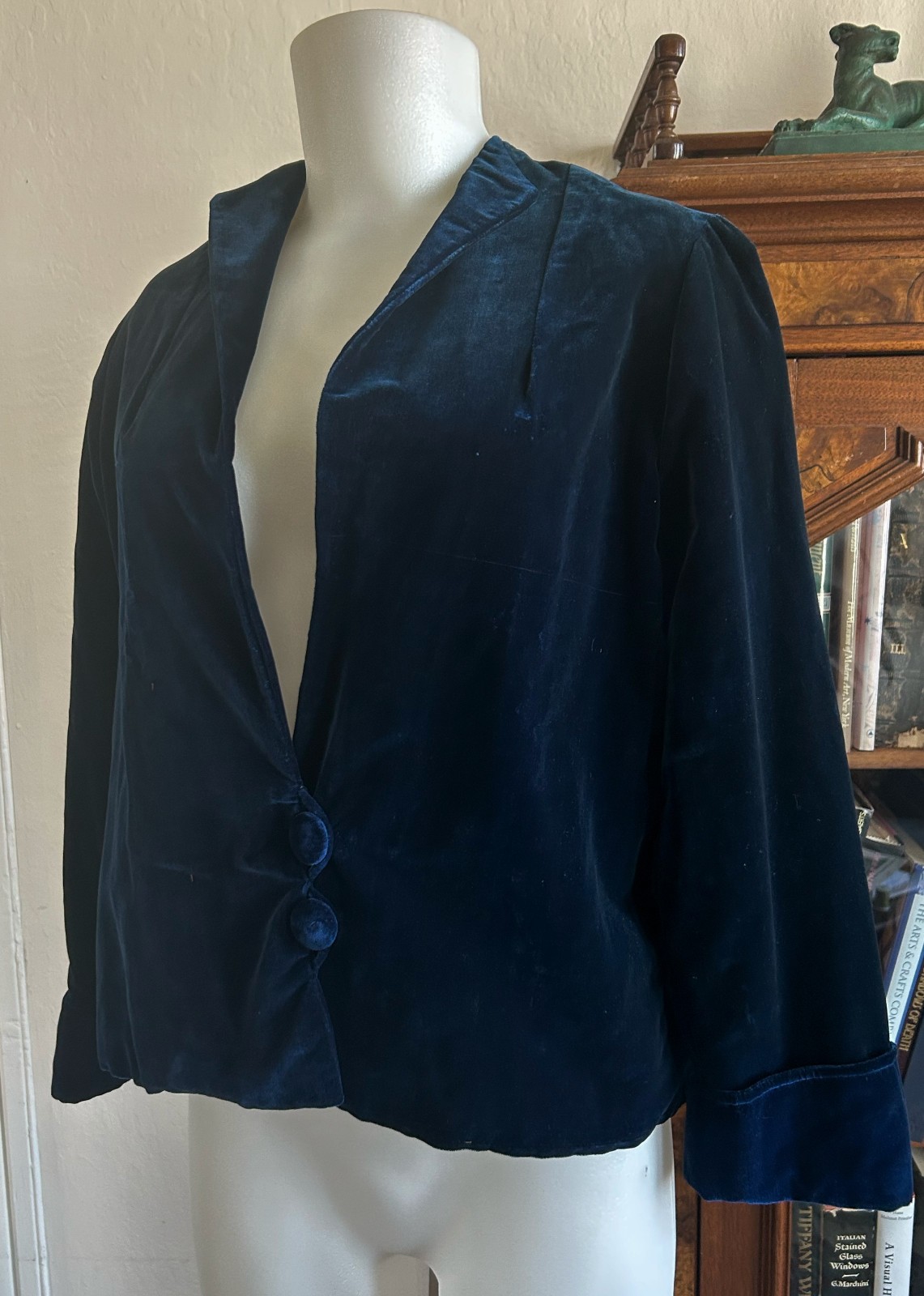 Antique 1920s 30s Vintage Sapphire Blue Velvet Silk Lined Jacket Art Deco XS