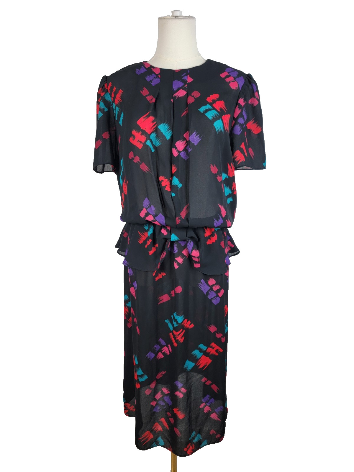 Vintage 1980s 10 Raoul New Wave Abstract Print Peplum Dress Black Fuchsia