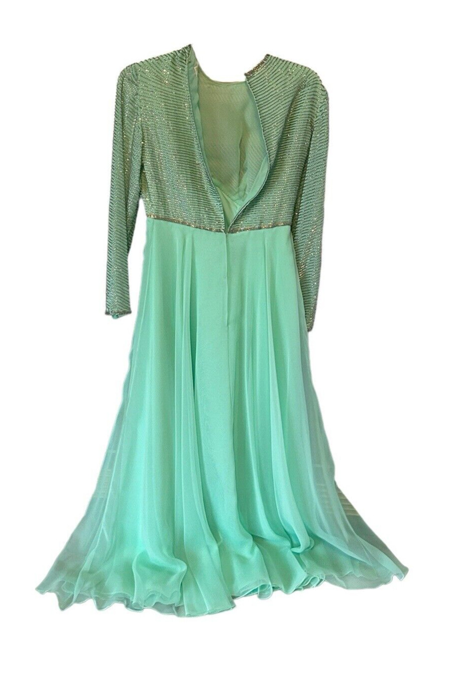 VTG 1960s Victoria Royal Ltd Gown Sz 6 Seafoam Green Beaded Rhinestones Lined