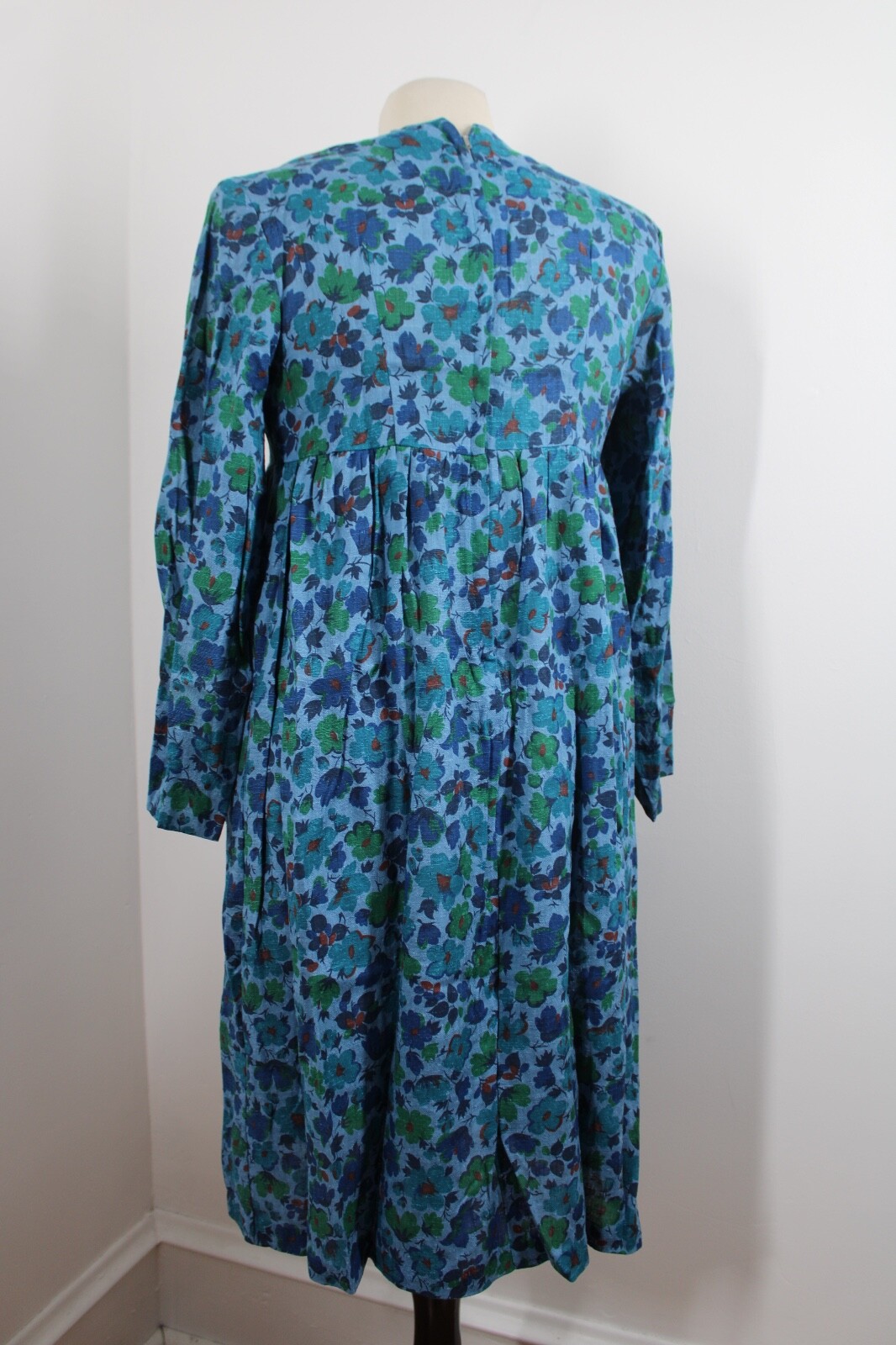Vtg 50s/60s Blue Floral 14 Woven Cotton Long Sleeve Dress 36″ Bust