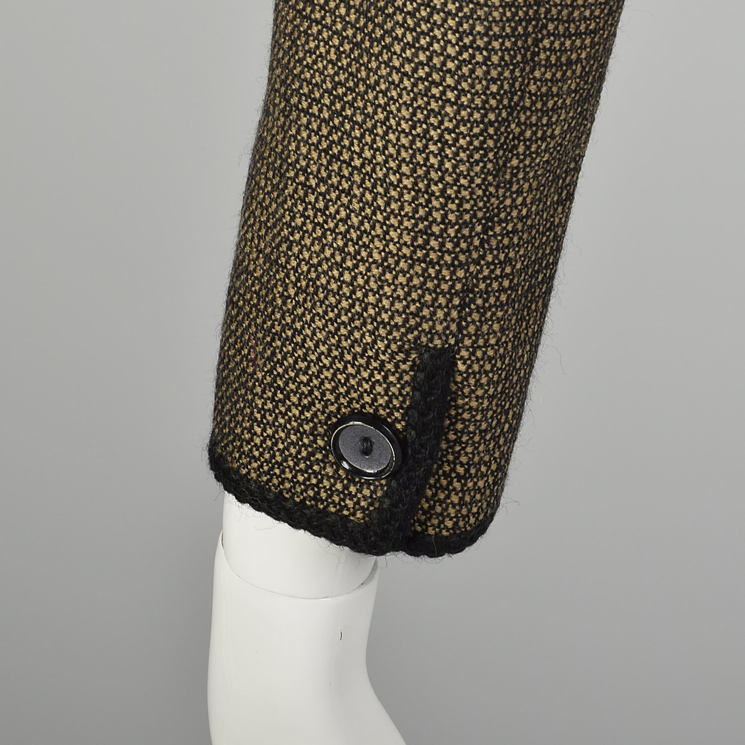 L 1960s Brown Jacket Boxy Tweed Black Trim 3/4 Sleeve Lightweight Blazer 60s VTG