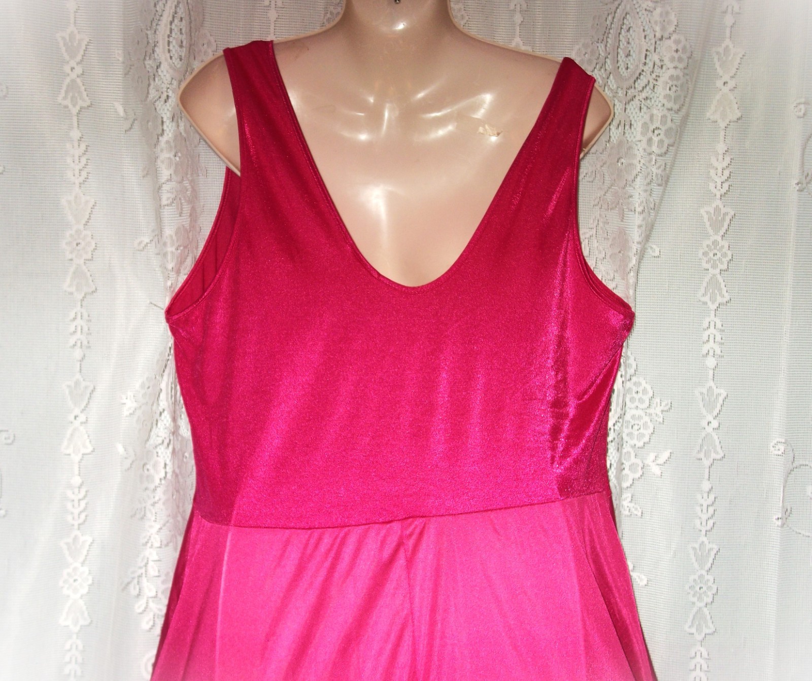 1X-2X,Hot pink,long vintage nightgown,silky nylon,spandex,shiny,negligee,nightie