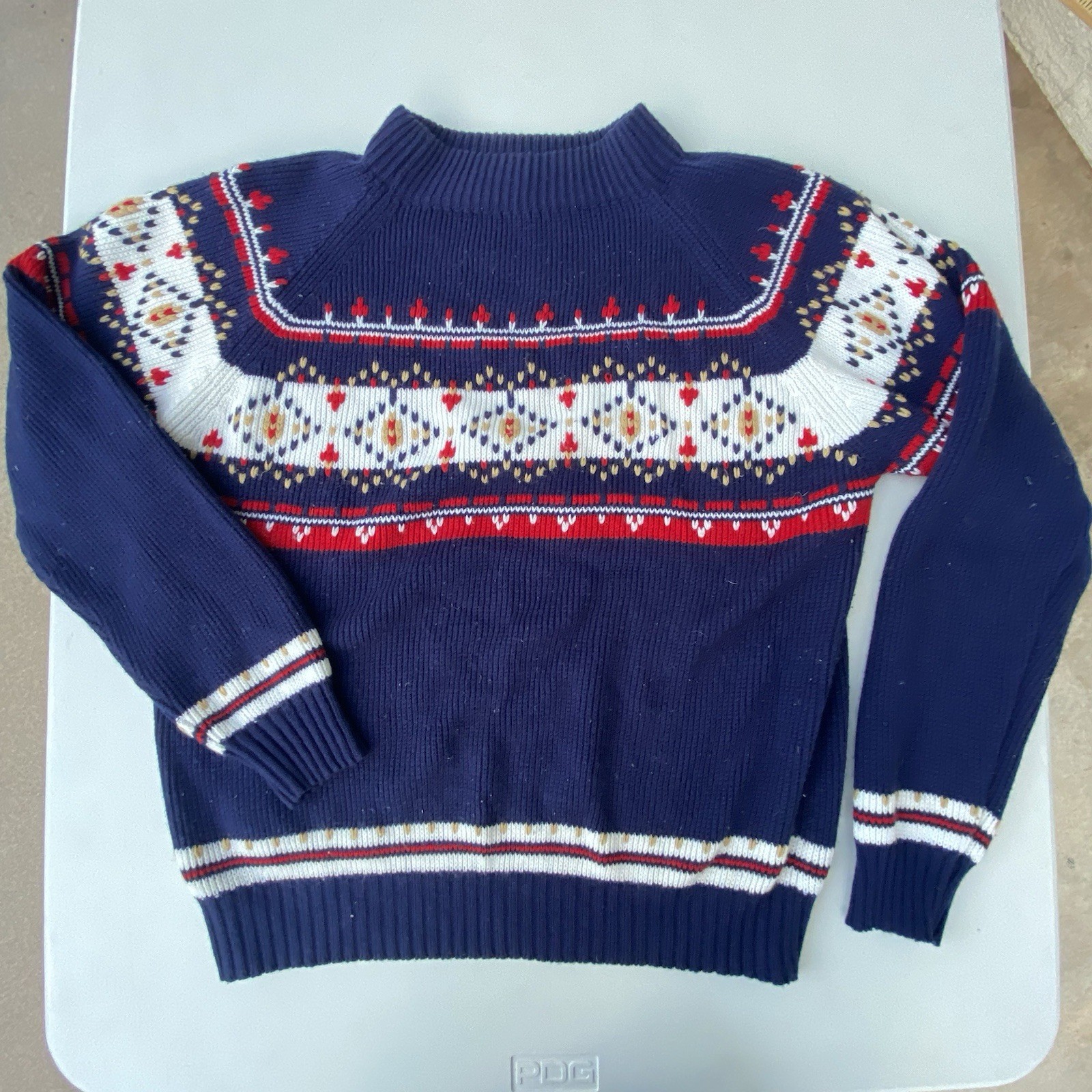 Vintage JCPenney Mock Neck Navy Blue Red White Snowflake Knit Sweater