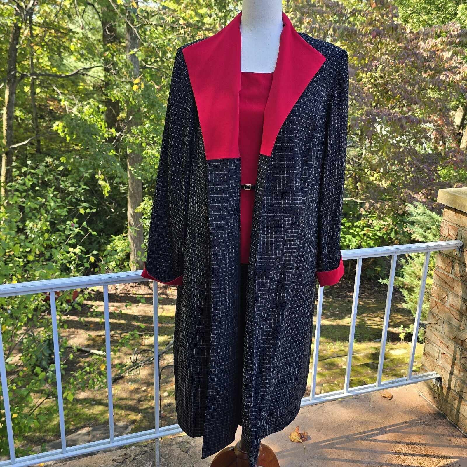 80s Wmns Perceptions Red Black Check Vtg Midi Dress Blazer Suit Set Outfit 14W