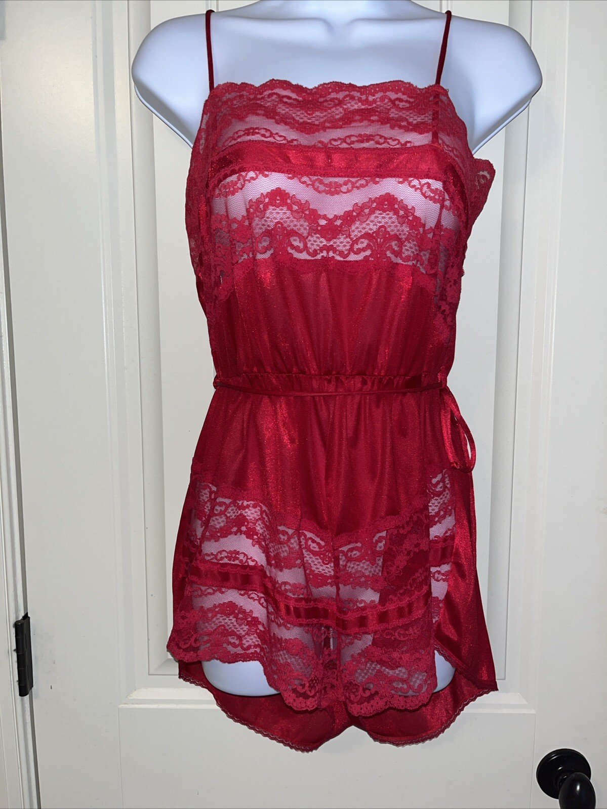 Vtg Teddy Romper Playsuit Bodysuit Wide Sheer Lace Belted Sissy Nylon Red Large